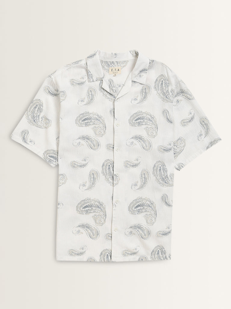 ETA White Paisley Printed Relaxed-Fit Blended Linen Shirt