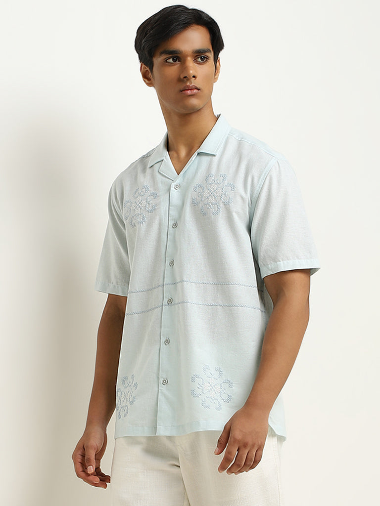 ETA Light Blue Embroidered Relaxed-Fit Cotton Blend Shirt