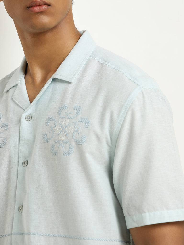 ETA Light Blue Embroidered Relaxed-Fit Cotton Blend Shirt