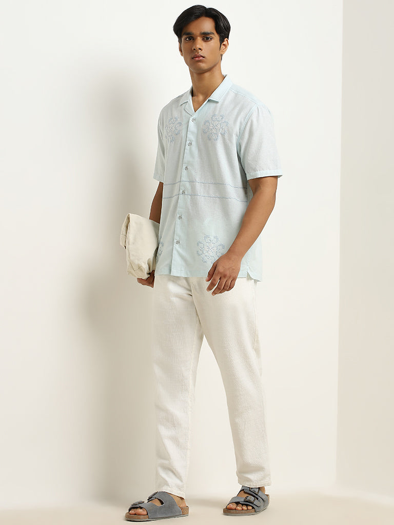 ETA Light Blue Embroidered Relaxed-Fit Cotton Blend Shirt