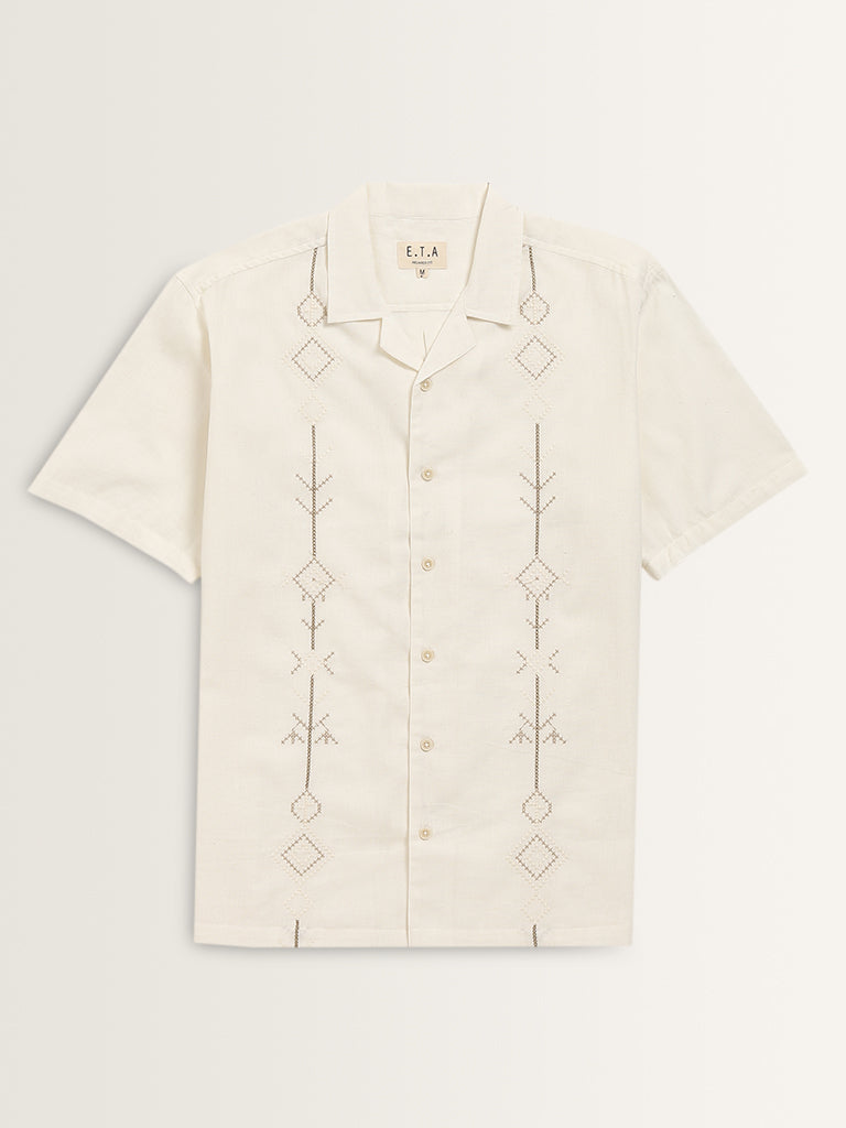 ETA White Embroidered Relaxed-Fit Cotton Blend Shirt