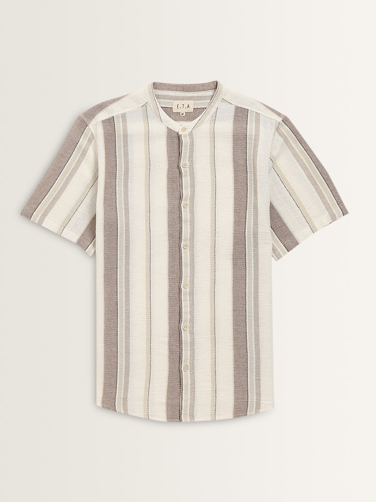 ETA Taupe Stripe Printed Resort-Fit Cotton Shirt