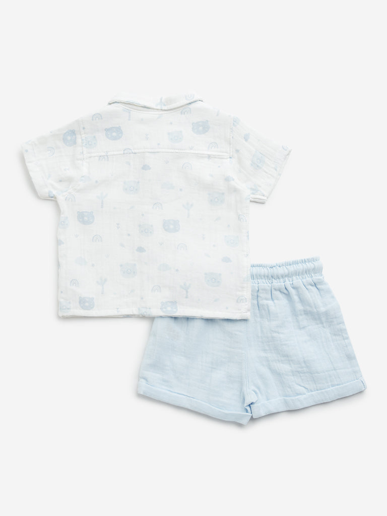 HOP Baby Light Blue Printed Cotton Shirt with Shorts Set