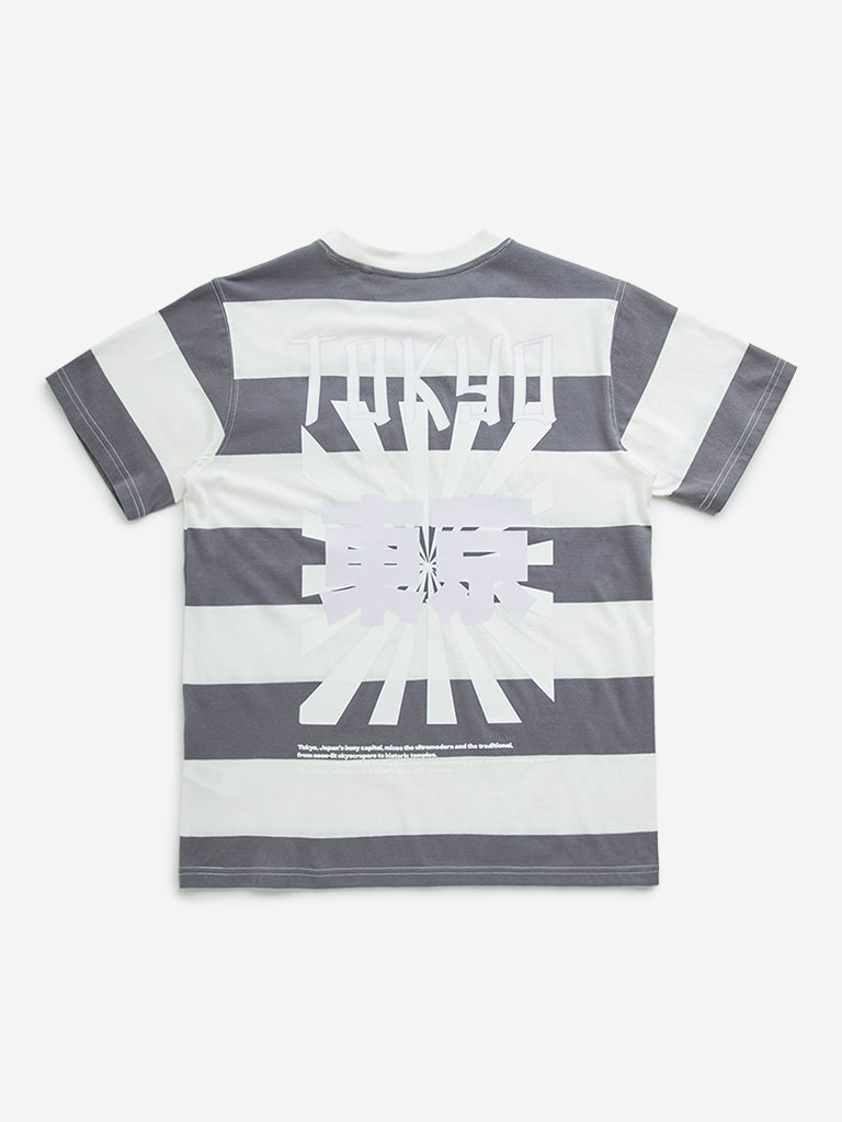 Y&F Kids Grey Stripe Printed Cotton T-Shirt