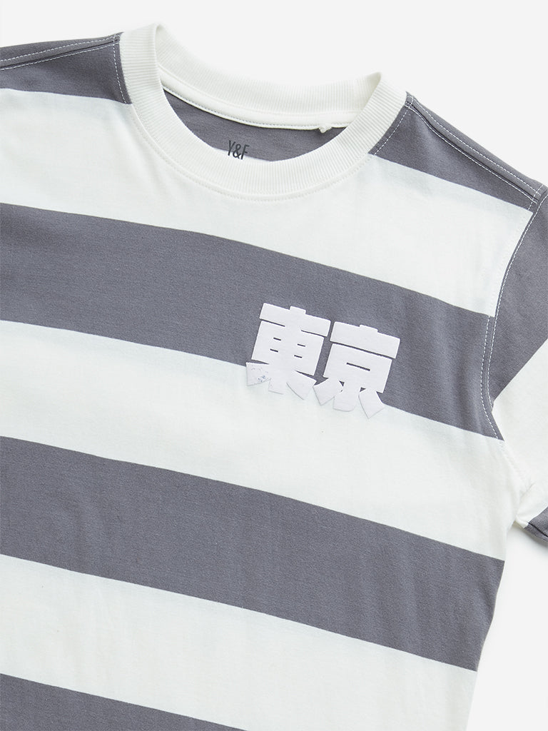 Y&F Kids Grey Stripe Printed Cotton T-Shirt