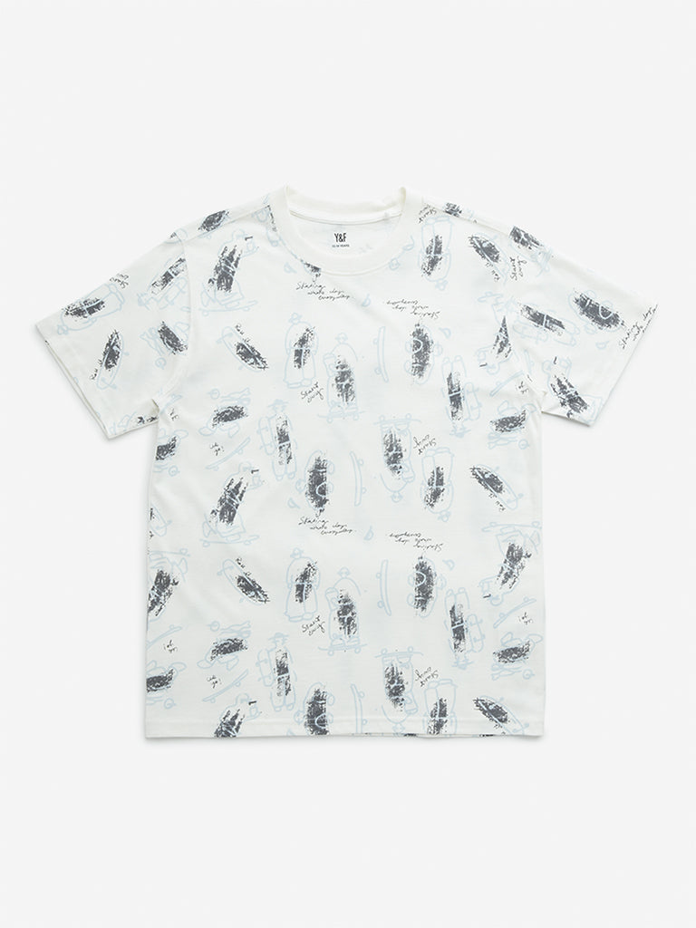 Y&F Kids Off-White Graphic Printed Cotton T-Shirt