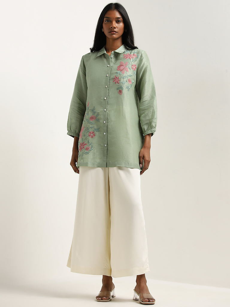 Zuba Sage Floral Embroidered A-Line Tunic