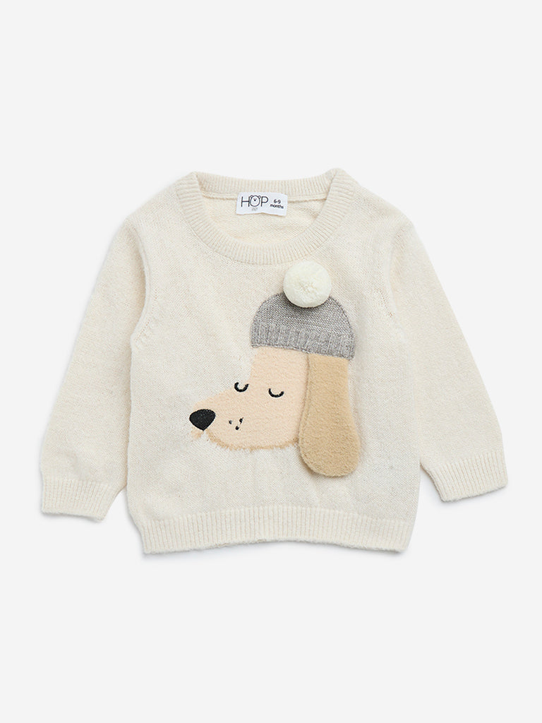 HOP Baby Beige Animal Applique Knitted Sweater