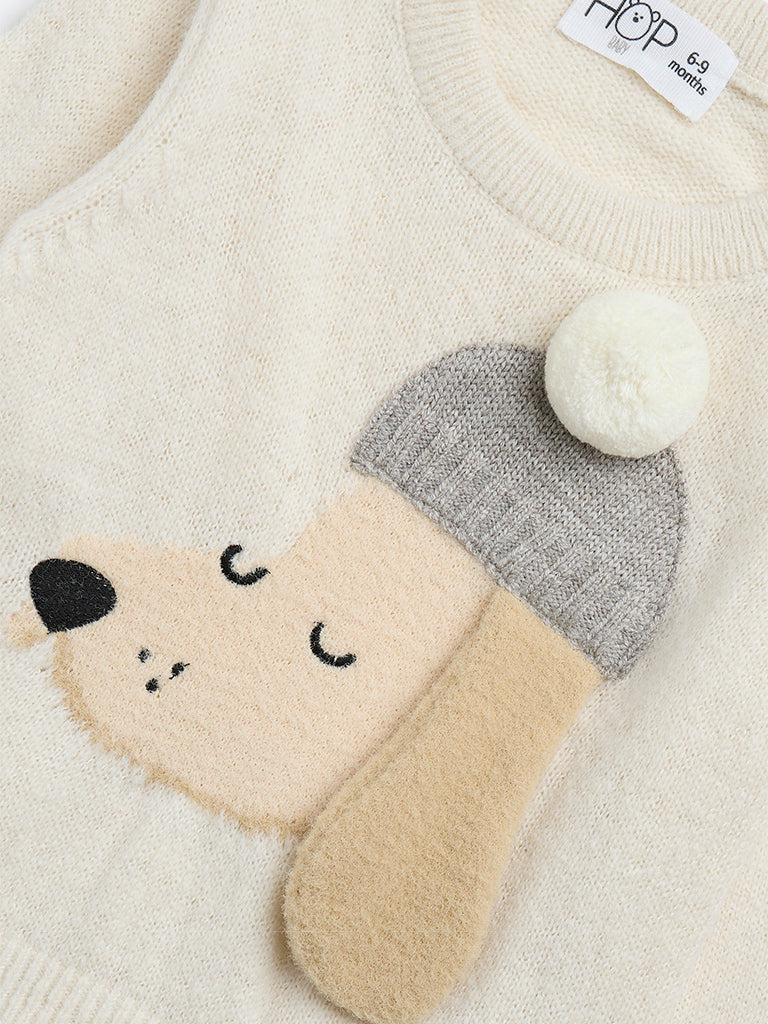 HOP Baby Beige Animal Applique Knitted Sweater