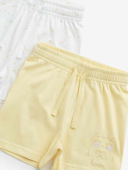 HOP Baby Yellow Printed Mid-Rise Cotton Shorts - Pack of 2