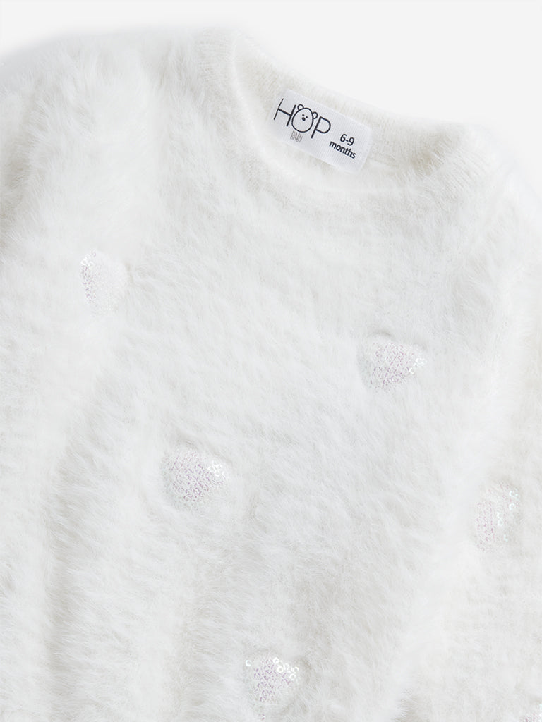 HOP Baby White Heart Embroidered Faux Fur Sweater