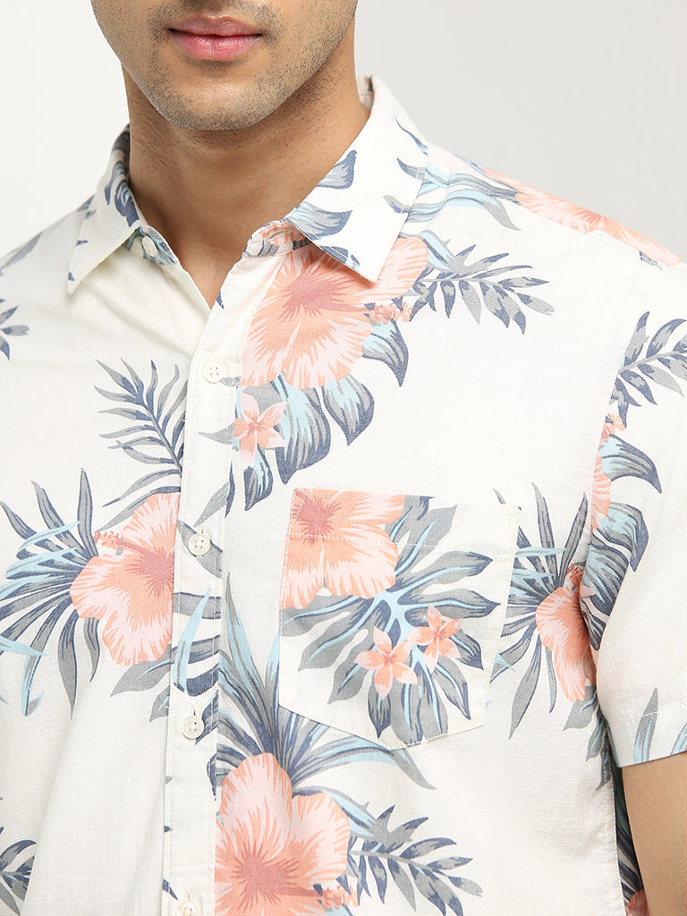 WES Casuals White Floral Printed Slim-Fit Cotton Shirt