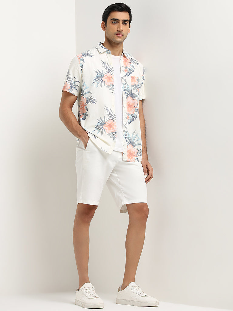 WES Casuals White Floral Printed Slim-Fit Cotton Shirt