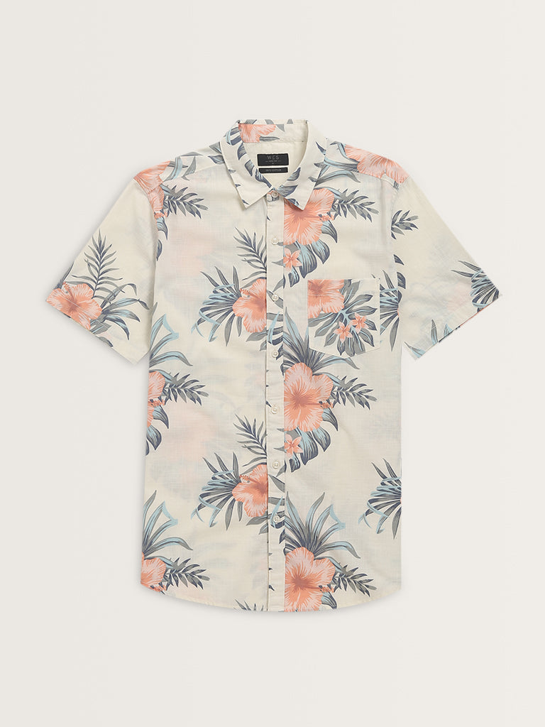 WES Casuals White Floral Printed Slim-Fit Cotton Shirt