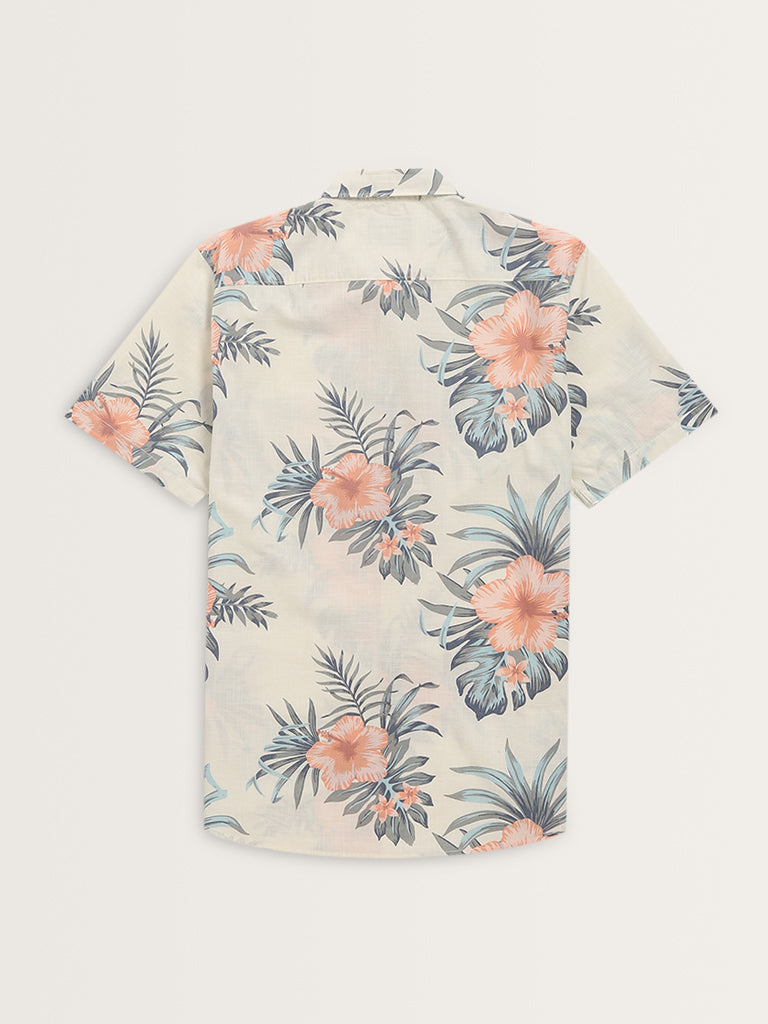 WES Casuals White Floral Printed Slim-Fit Cotton Shirt