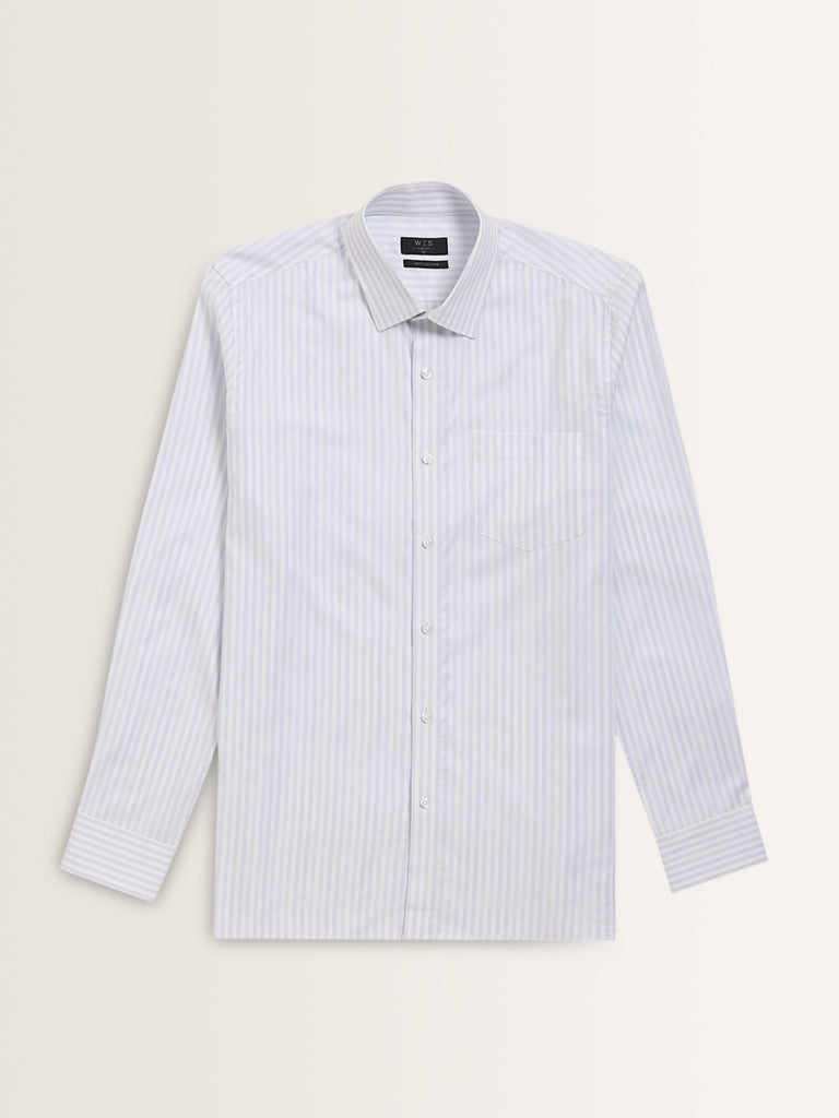 WES Formals White Stripe Pattern Slim-Fit Cotton Shirt