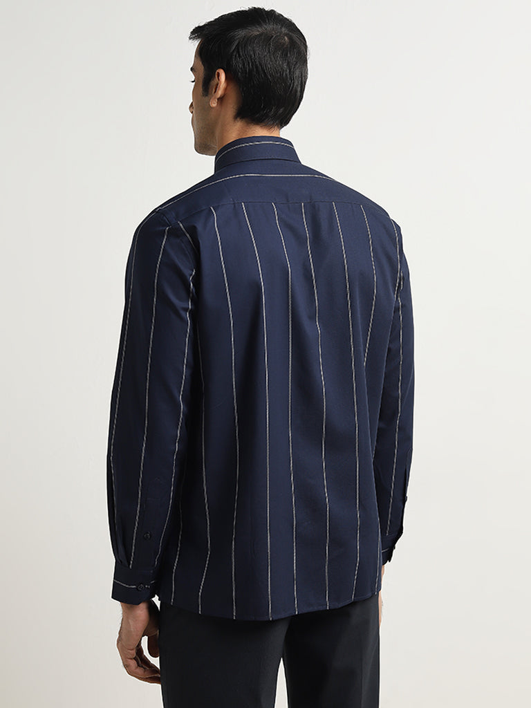 WES Formals Navy Striped Slim-Fit Cotton Shirt