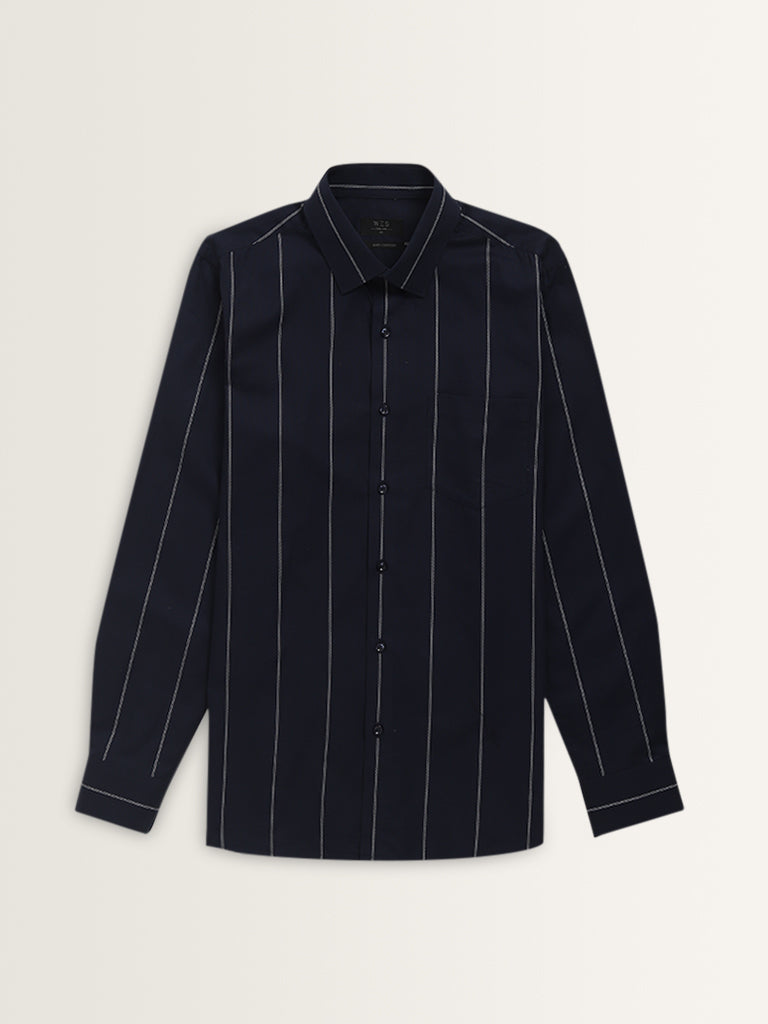 WES Formals Navy Striped Slim-Fit Cotton Shirt