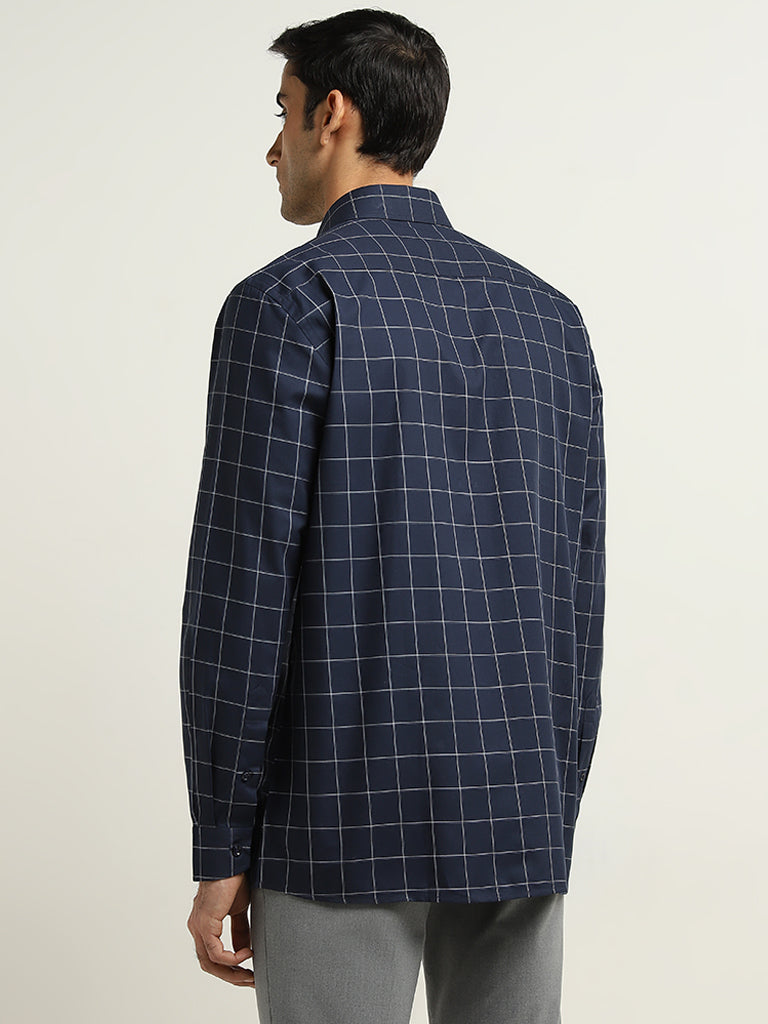 WES Formals Navy Checks Printed Relaxed-Fit Cotton Shirt