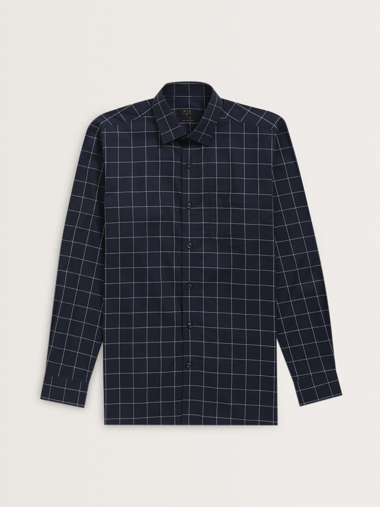 WES Formals Navy Checks Printed Relaxed-Fit Cotton Shirt