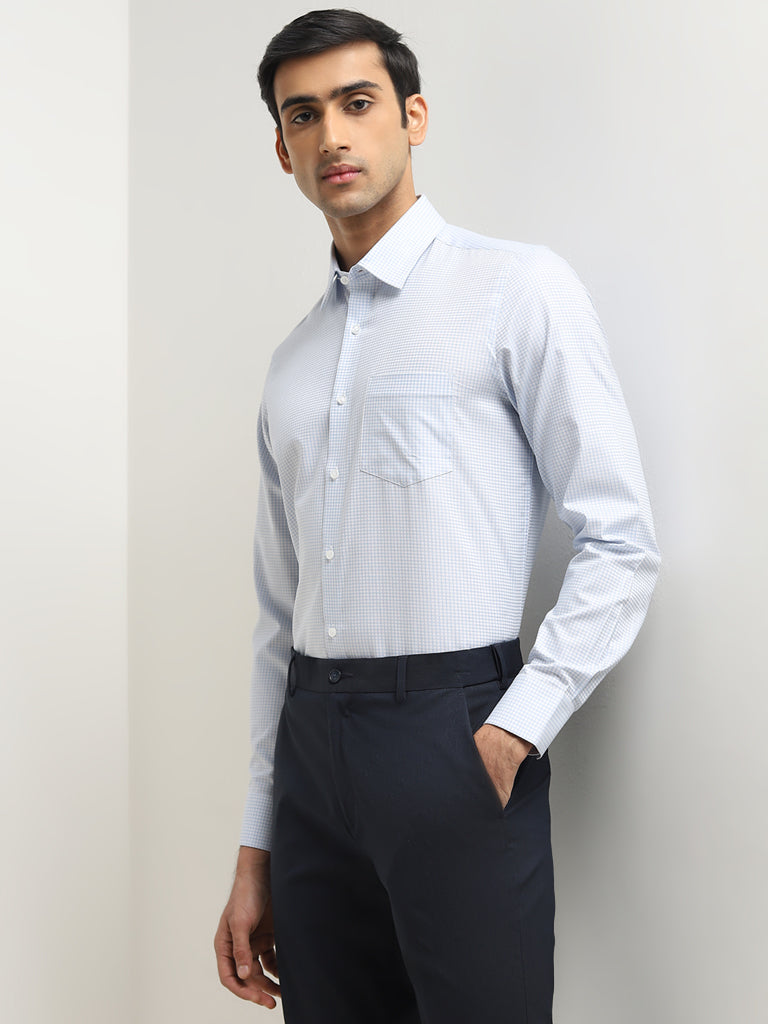 WES Formals Blue Checkered Design Slim-Fit Cotton Shirt