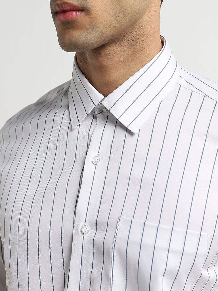 WES Formals White Stripe Patterned Slim-Fit Cotton Shirt