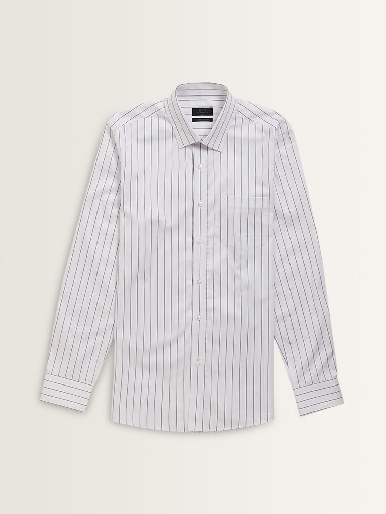 WES Formals White Stripe Patterned Slim-Fit Cotton Shirt