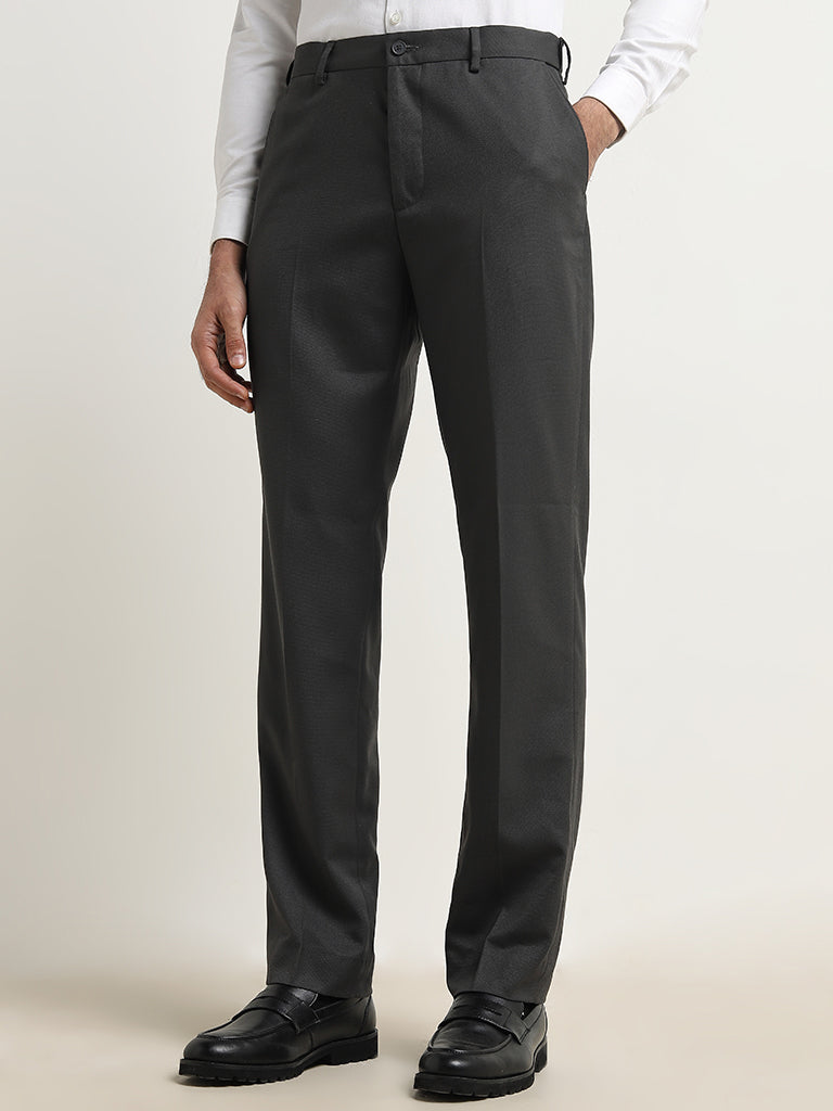 WES Formals Charcoal Relaxed-Fit Mid-Rise Trousers