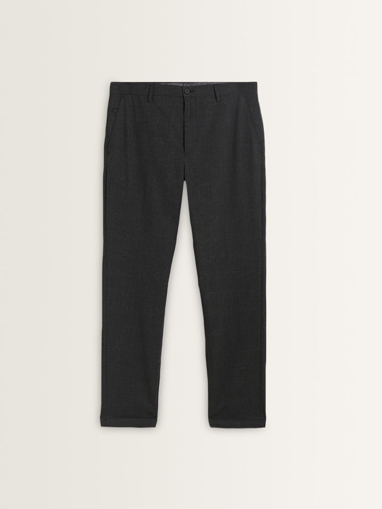 WES Formals Black Checkered Carrot-Fit Mid-Rise Trousers