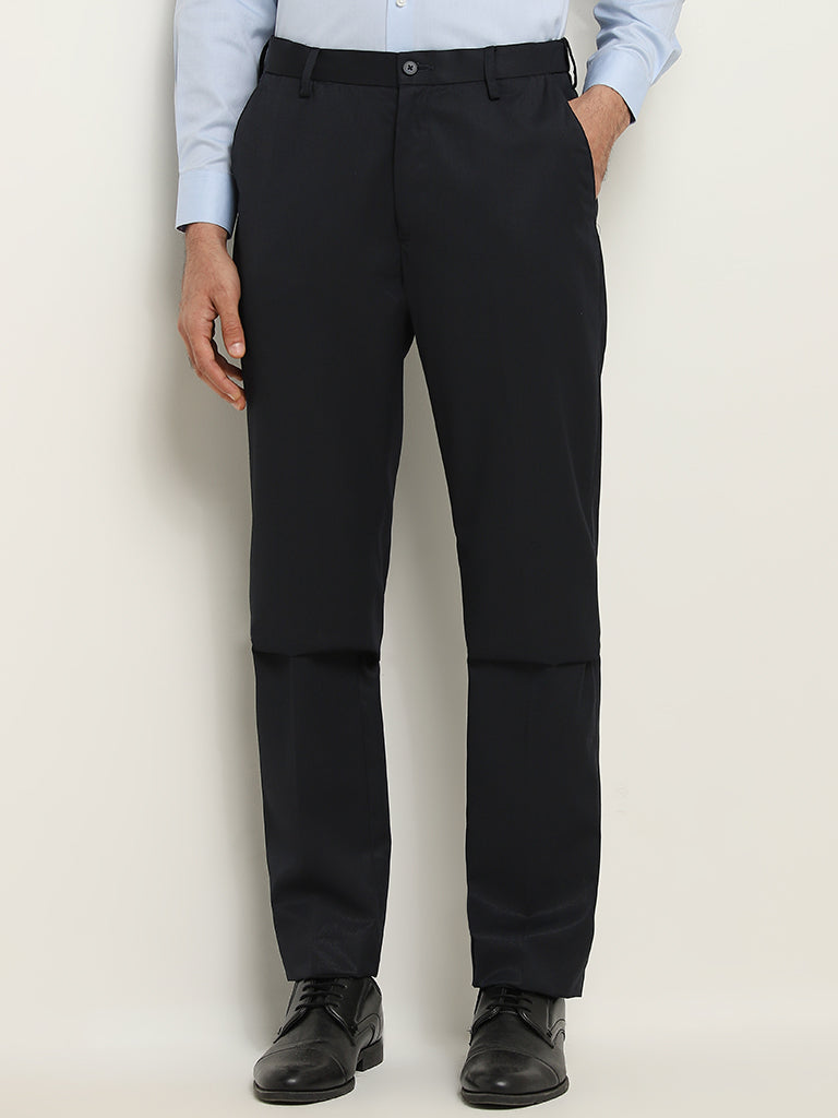 WES Formals Dark Navy Relaxed-Fit Cotton Blend Trousers