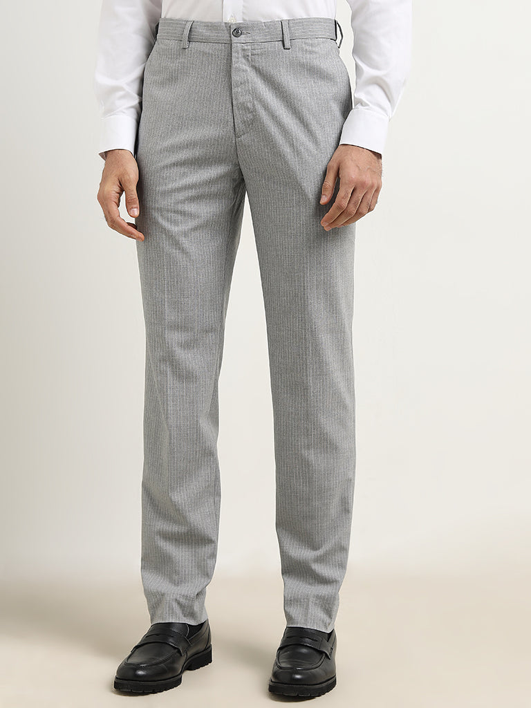 WES Formals Grey Pinstriped Slim-Fit Mid-Rise Trousers