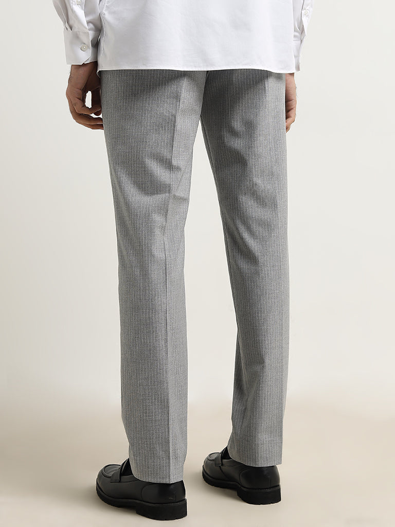 WES Formals Grey Pinstriped Slim-Fit Mid-Rise Trousers