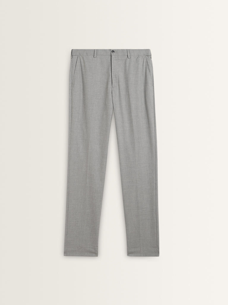 WES Formals Grey Pinstriped Slim-Fit Mid-Rise Trousers