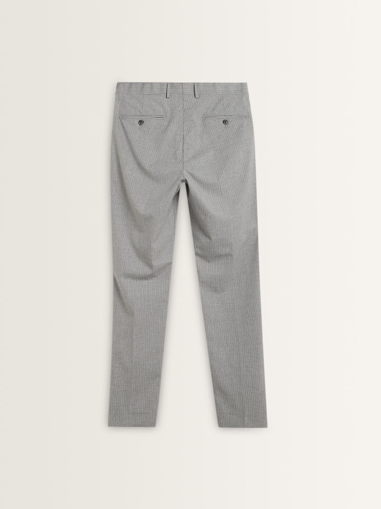 WES Formals Grey Pinstriped Slim-Fit Mid-Rise Trousers