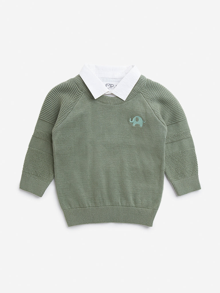 HOP Baby Sage Knit-Textured Cotton Sweater