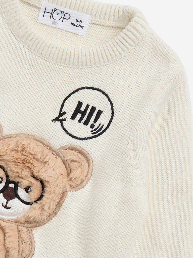 HOP Baby Off-White Animal Applique Cotton Sweater