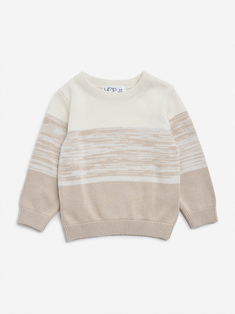 HOP Baby Beige Knitted Striped Cotton Sweater