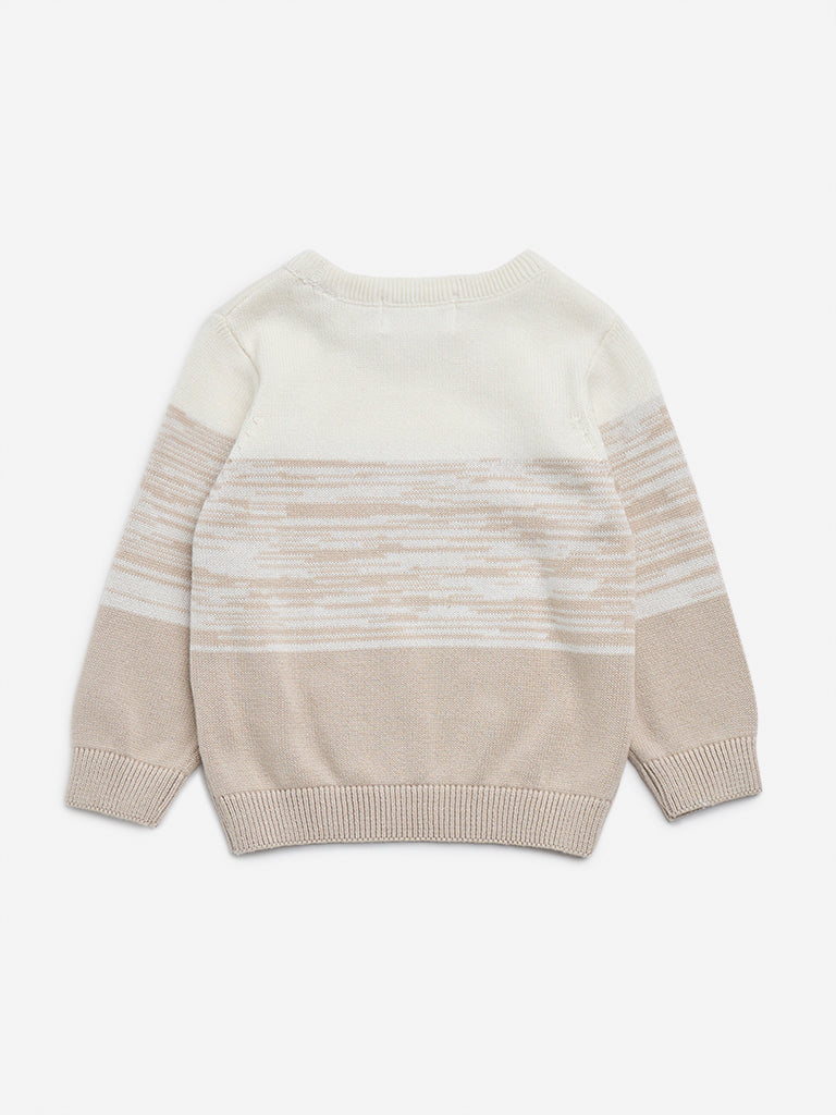 HOP Baby Beige Knitted Striped Cotton Sweater