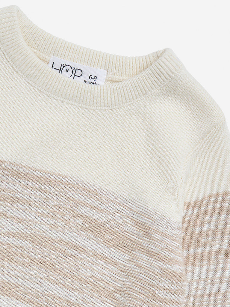 HOP Baby Beige Knitted Striped Cotton Sweater