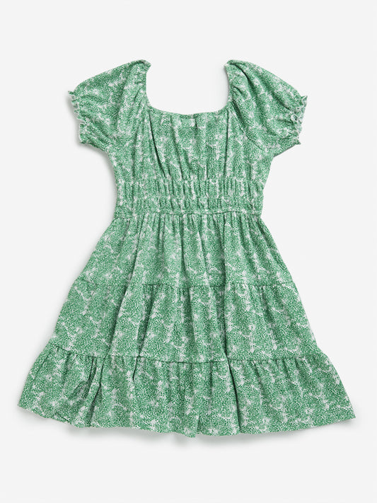 Y&F Kids Green Printed Tiered Cotton Dress