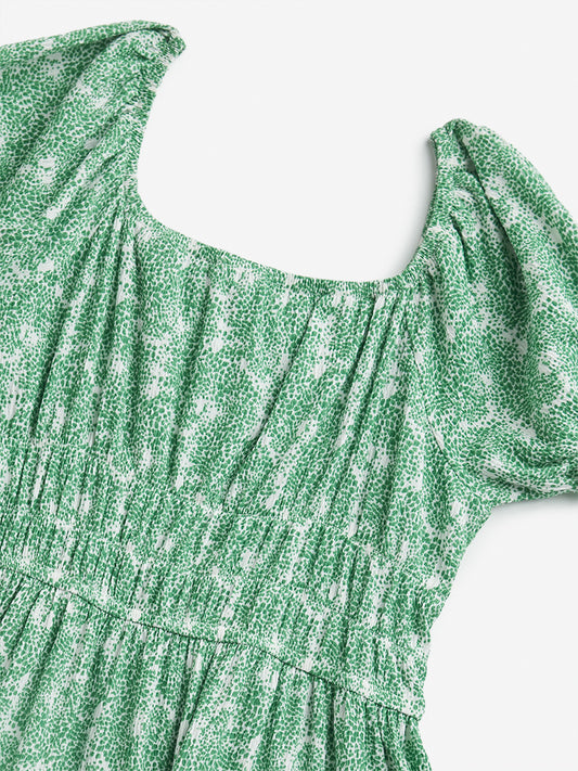 Y&F Kids Green Printed Tiered Cotton Dress