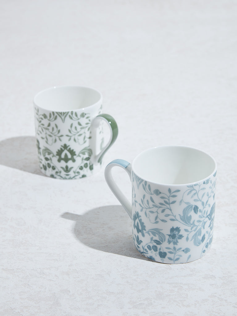 Westside Home Blue & Green Damask Floral Design Mugs (Set of 2)