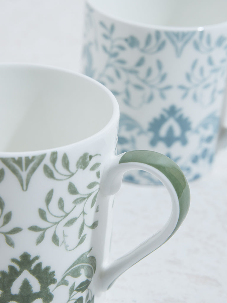 Westside Home Blue & Green Damask Floral Design Mugs (Set of 2)