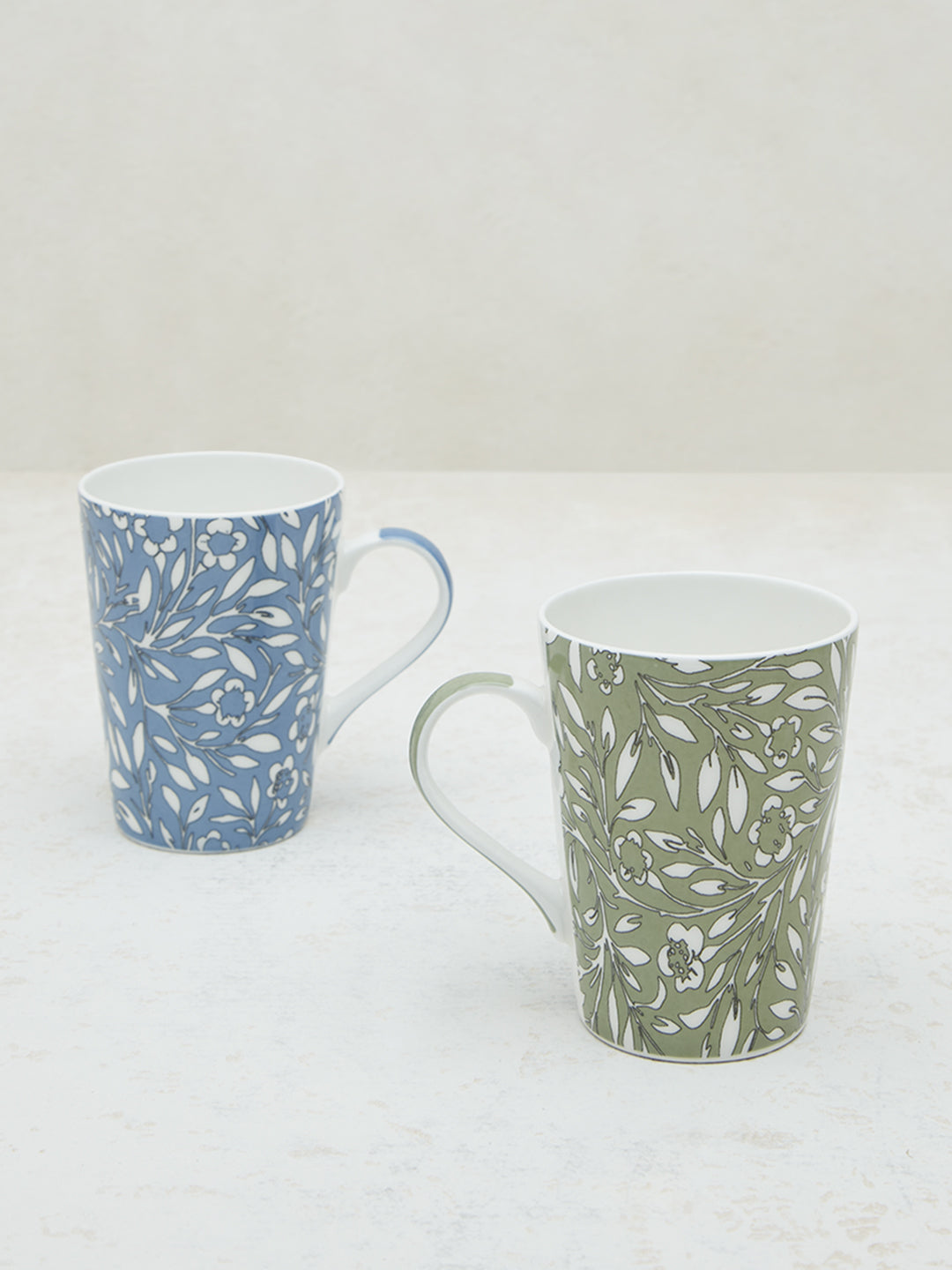 Westside Home Blue & Mint Leaf Printed Mugs (Set of 2)