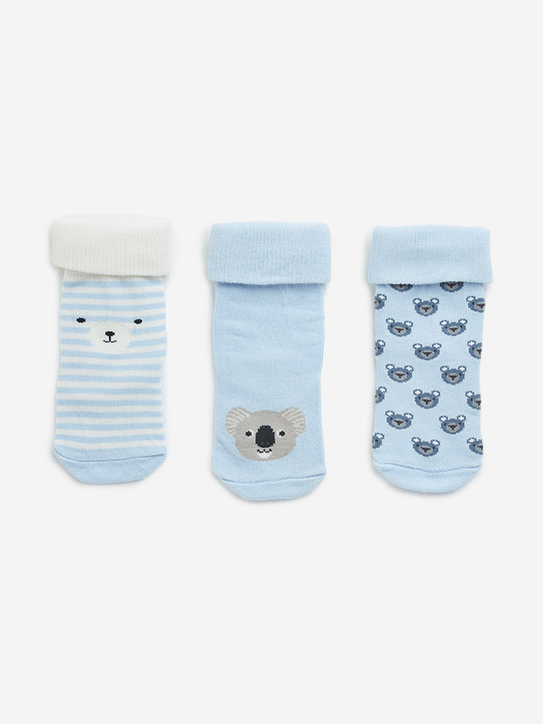 HOP Baby Blue Teddy Bear Printed Socks - Pack of 3