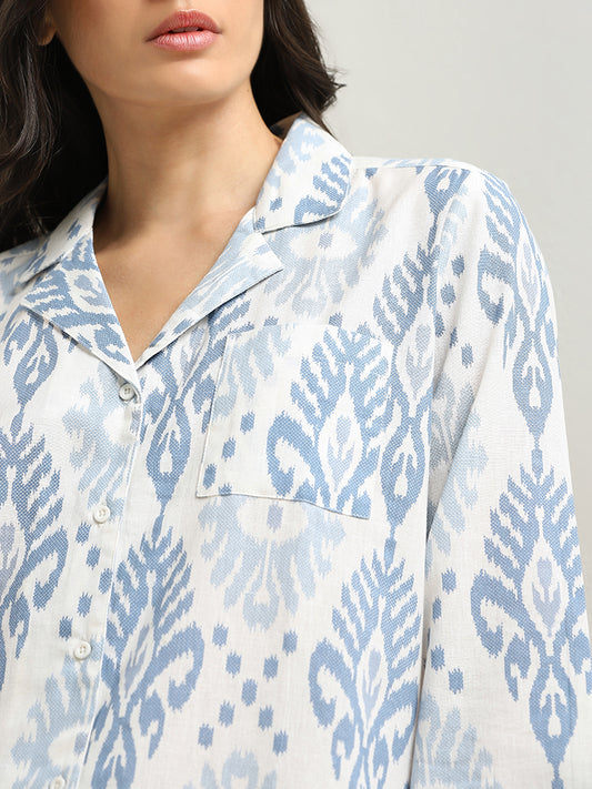 Wunderlove Blue Ikat Cotton Shirt & Mid-Rise Pyjamas Set