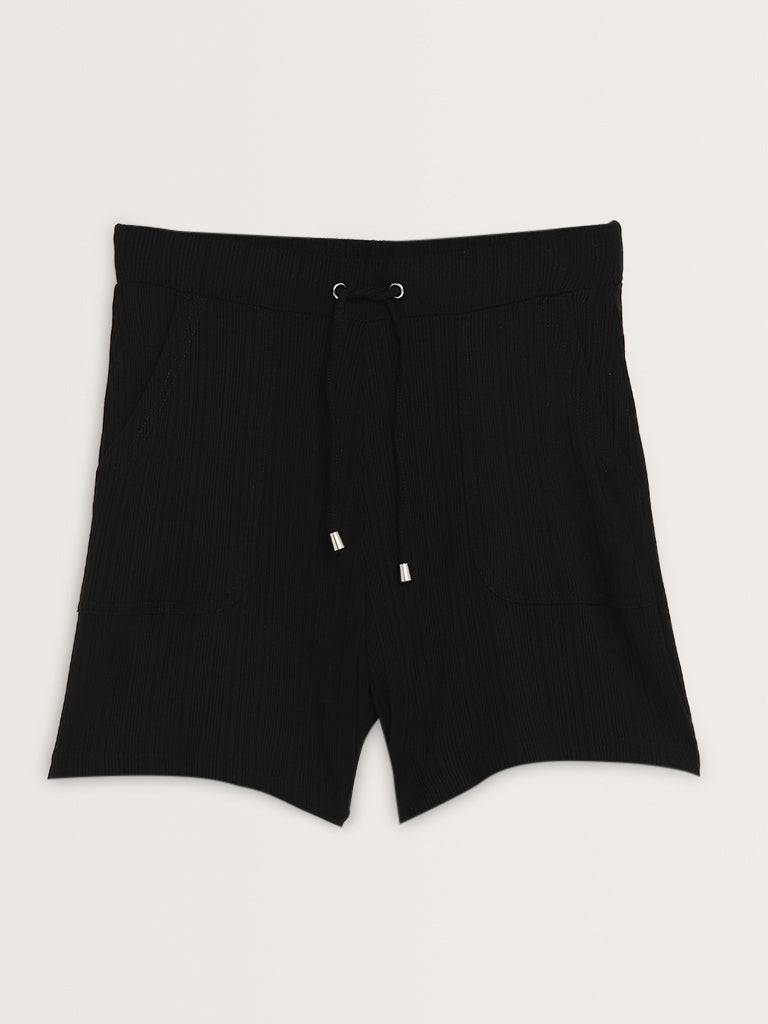 Wunderlove Black Ribbed Textured High-Rise Shorts