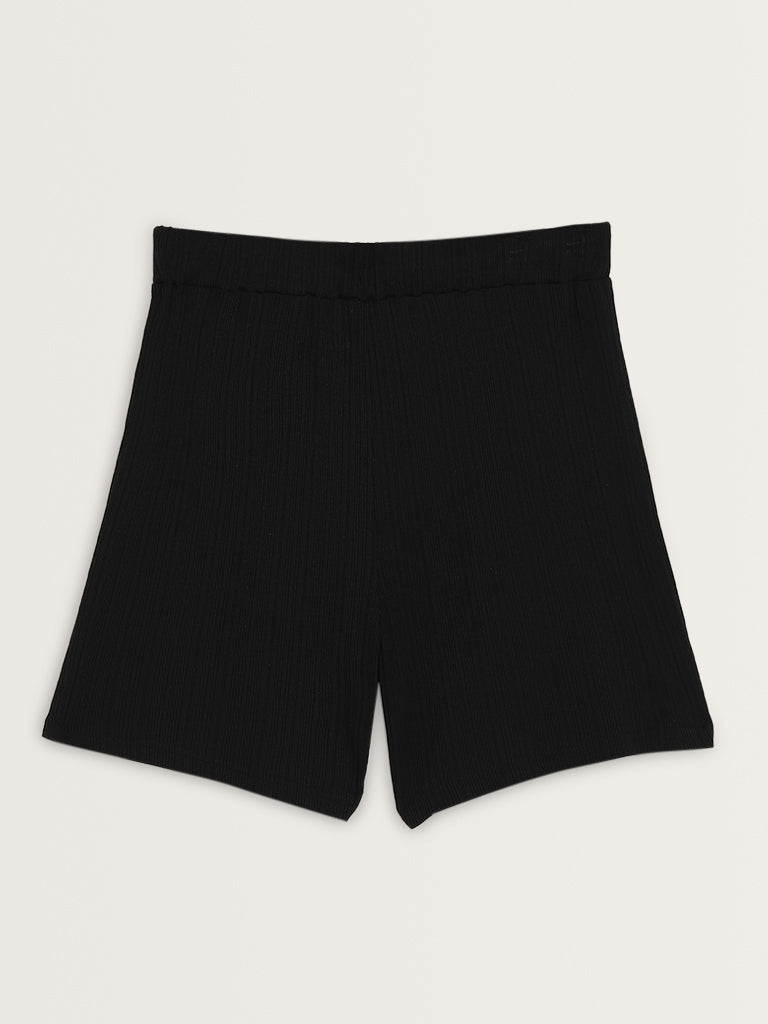 Wunderlove Black Ribbed Textured High-Rise Shorts