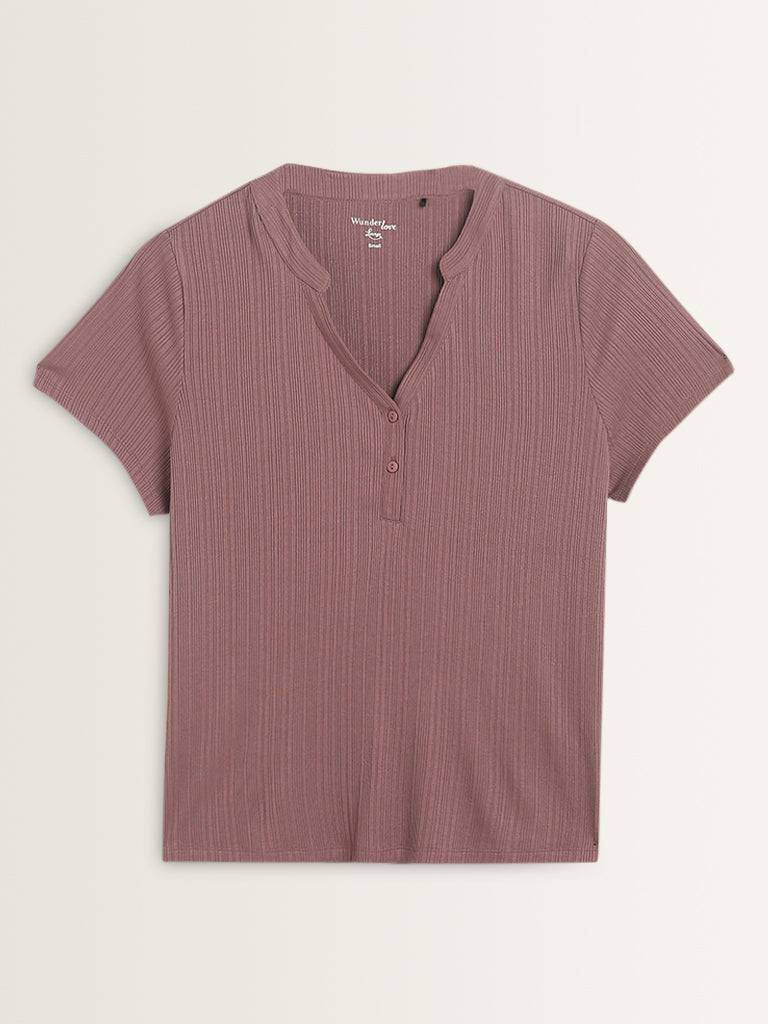 Wunderlove Mauve Ribbed-Textured Henley Top