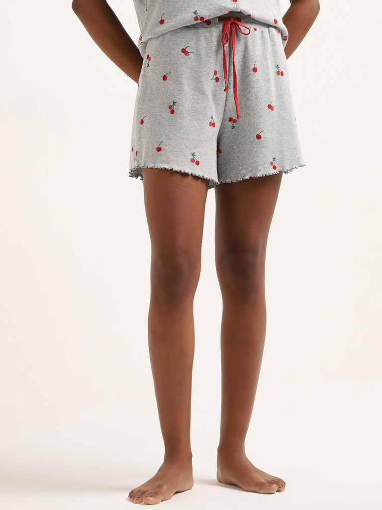 Superstar Grey Cherry Printed High-Rise Cotton Blend Shorts